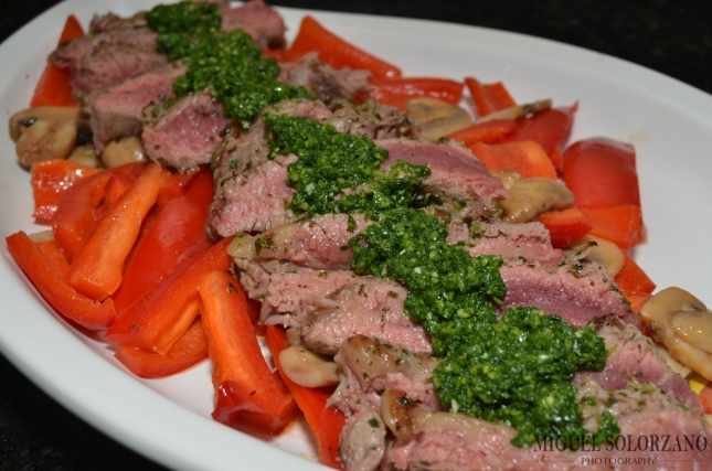 Flank Steak with Chimichurri Sauce over Mushrooms and Red Pepper